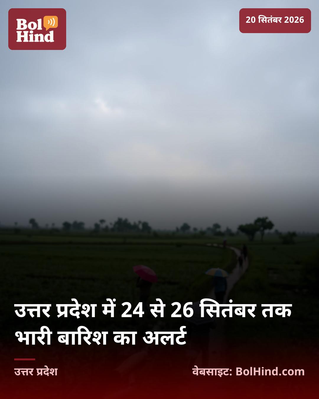 उत्तर प्रदेश में 24 से 26 सितंबर तक भारी बारिश का अलर्ट